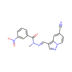 CN(/N=C/c1cnn2ccc(C#N)cc12)C(=O)c1cccc([N+](=O)[O-])c1 ZINC000073198319