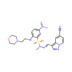 CN(/N=C/c1cnn2ccc(C#N)cc12)S(=O)(=O)c1cc([N+](=O)[O-])ccc1NCCN1CCOCC1 ZINC000203831670