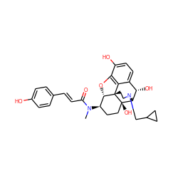 CN(C(=O)/C=C/c1ccc(O)cc1)[C@@H]1CC[C@@]2(O)[C@H]3[C@@H](O)c4ccc(O)c5c4[C@@]2(CCN3CC2CC2)[C@H]1O5 ZINC001772597345