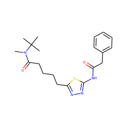 CN(C(=O)CCCCc1nnc(NC(=O)Cc2ccccc2)s1)C(C)(C)C ZINC000095578518