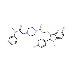 CN(C(=O)CN1CCN(C(=O)CCc2c(-c3ccc(Cl)cc3)n(C)c3ccc(Cl)cc23)CC1)c1ccccc1 ZINC000026827693