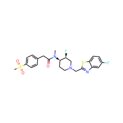 CN(C(=O)Cc1ccc(S(C)(=O)=O)cc1)[C@@H]1CCN(Cc2nc3cc(F)ccc3s2)C[C@@H]1F ZINC000084634689