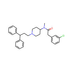 CN(C(=O)Cc1cccc(Cl)c1)C1CCN(CCC(c2ccccc2)c2ccccc2)CC1 ZINC000028336988