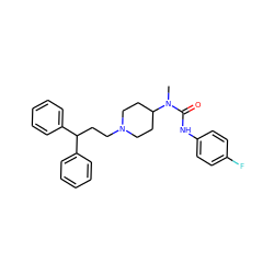 CN(C(=O)Nc1ccc(F)cc1)C1CCN(CCC(c2ccccc2)c2ccccc2)CC1 ZINC000028131634