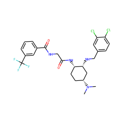 CN(C)[C@@H]1CC[C@H](NC(=O)CNC(=O)c2cccc(C(F)(F)F)c2)[C@H](NCc2ccc(Cl)c(Cl)c2)C1 ZINC000044430977