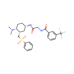 CN(C)[C@@H]1CC[C@H](NC(=O)CNC(=O)c2cccc(C(F)(F)F)c2)C[C@@H]1CS(=O)(=O)c1ccccc1 ZINC000082154833