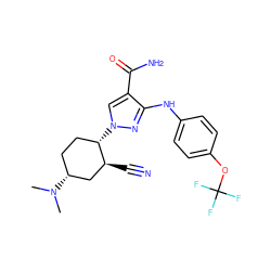 CN(C)[C@@H]1CC[C@H](n2cc(C(N)=O)c(Nc3ccc(OC(F)(F)F)cc3)n2)[C@@H](C#N)C1 ZINC000222974298