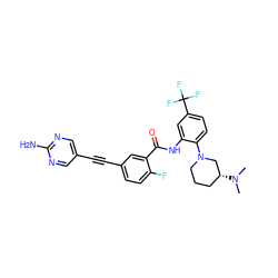 CN(C)[C@@H]1CCCN(c2ccc(C(F)(F)F)cc2NC(=O)c2cc(C#Cc3cnc(N)nc3)ccc2F)C1 ZINC000014957154