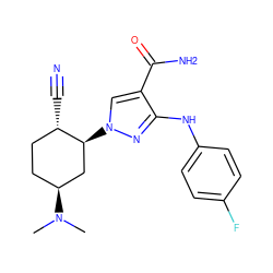 CN(C)[C@H]1CC[C@H](C#N)[C@@H](n2cc(C(N)=O)c(Nc3ccc(F)cc3)n2)C1 ZINC000222969655