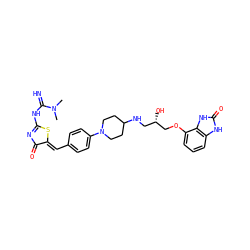 CN(C)C(=N)NC1=NC(=O)/C(=C/c2ccc(N3CCC(NC[C@H](O)COc4cccc5[nH]c(=O)[nH]c45)CC3)cc2)S1 ZINC000028107261