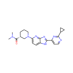 CN(C)C(=O)[C@@H]1CCCN(c2ccc3[nH]c(-c4ccnc(C5CC5)n4)nc3n2)C1 ZINC001772650579