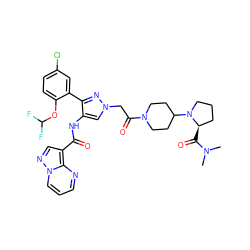 CN(C)C(=O)[C@@H]1CCCN1C1CCN(C(=O)Cn2cc(NC(=O)c3cnn4cccnc34)c(-c3cc(Cl)ccc3OC(F)F)n2)CC1 ZINC001772572978