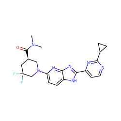 CN(C)C(=O)[C@H]1CN(c2ccc3[nH]c(-c4ccnc(C5CC5)n4)nc3n2)CC(F)(F)C1 ZINC000221410479