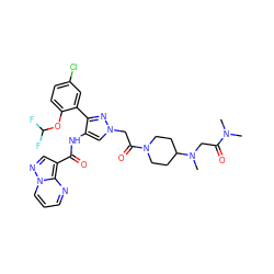 CN(C)C(=O)CN(C)C1CCN(C(=O)Cn2cc(NC(=O)c3cnn4cccnc34)c(-c3cc(Cl)ccc3OC(F)F)n2)CC1 ZINC001772574803