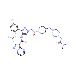 CN(C)C(=O)CN1CCN(CC2CCN(C(=O)Cn3cc(NC(=O)c4cnn5cccnc45)c(-c4cc(Cl)ccc4OC(F)F)n3)CC2)CC1 ZINC001772574596