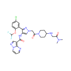 CN(C)C(=O)CNC1CCN(C(=O)Cn2cc(NC(=O)c3cnn4cccnc34)c(-c3cc(Cl)ccc3OC(F)F)n2)CC1 ZINC001772581803