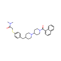 CN(C)C(=O)CSc1ccc(CC2CCN(C3CCN(C(=O)c4cccc5ccccc45)CC3)CC2)cc1 ZINC000013440442