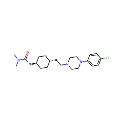 CN(C)C(=O)N[C@H]1CC[C@H](CCN2CCN(c3ccc(Cl)cc3)CC2)CC1 ZINC000261174000