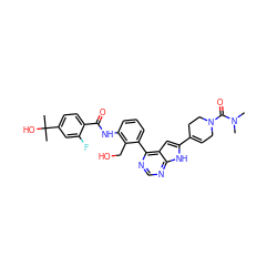 CN(C)C(=O)N1CC=C(c2cc3c(-c4cccc(NC(=O)c5ccc(C(C)(C)O)cc5F)c4CO)ncnc3[nH]2)CC1 ZINC000143188038