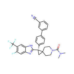 CN(C)C(=O)N1CCC2(CC1)C[C@@]2(c1ccc(-c2cccc(C#N)c2)cc1)c1nc2cc(F)c(C(F)(F)F)cc2[nH]1 ZINC000038157825