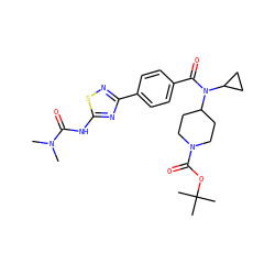 CN(C)C(=O)Nc1nc(-c2ccc(C(=O)N(C3CC3)C3CCN(C(=O)OC(C)(C)C)CC3)cc2)ns1 ZINC000223643101