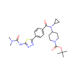 CN(C)C(=O)Nc1nnc(-c2ccc(C(=O)N(C3CC3)C3CCN(C(=O)OC(C)(C)C)CC3)cc2)s1 ZINC000223643492