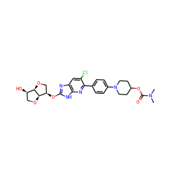 CN(C)C(=O)OC1CCN(c2ccc(-c3nc4[nH]c(O[C@@H]5CO[C@@H]6[C@H](O)CO[C@H]56)nc4cc3Cl)cc2)CC1 ZINC001772590916