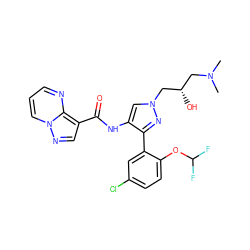 CN(C)C[C@H](O)Cn1cc(NC(=O)c2cnn3cccnc23)c(-c2cc(Cl)ccc2OC(F)F)n1 ZINC001772578835