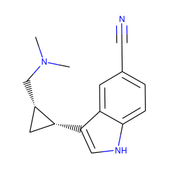 CN(C)C[C@H]1C[C@H]1c1c[nH]c2ccc(C#N)cc12 ZINC000013673551