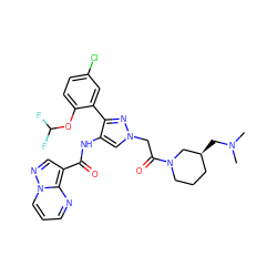 CN(C)C[C@H]1CCCN(C(=O)Cn2cc(NC(=O)c3cnn4cccnc34)c(-c3cc(Cl)ccc3OC(F)F)n2)C1 ZINC001772624002