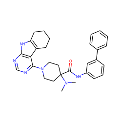 CN(C)C1(C(=O)Nc2cccc(-c3ccccc3)c2)CCN(c2ncnc3[nH]c4c(c23)CCCC4)CC1 ZINC000653851646