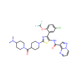 CN(C)C1CCN(C(=O)C2CCN(c3nc(-c4cc(Cl)ccc4OC(F)F)c(NC(=O)c4cnn5cccnc45)s3)CC2)CC1 ZINC001772621805