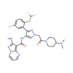 CN(C)C1CCN(C(=O)Cn2cc(NC(=O)c3c(N)nn4cccnc34)c(-c3cc(Cl)ccc3OC(F)F)n2)CC1 ZINC001772627128