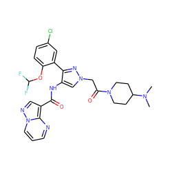 CN(C)C1CCN(C(=O)Cn2cc(NC(=O)c3cnn4cccnc34)c(-c3cc(Cl)ccc3OC(F)F)n2)CC1 ZINC001772589969