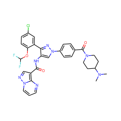 CN(C)C1CCN(C(=O)c2ccc(-n3cc(NC(=O)c4cnn5cccnc45)c(-c4cc(Cl)ccc4OC(F)F)n3)cc2)CC1 ZINC001772657879