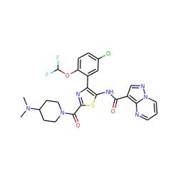 CN(C)C1CCN(C(=O)c2nc(-c3cc(Cl)ccc3OC(F)F)c(NC(=O)c3cnn4cccnc34)s2)CC1 ZINC001772636432