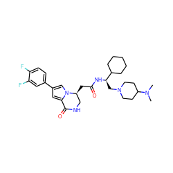 CN(C)C1CCN(C[C@@H](NC(=O)C[C@H]2CNC(=O)c3cc(-c4ccc(F)c(F)c4)cn32)C2CCCCC2)CC1 ZINC000205291513