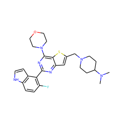 CN(C)C1CCN(Cc2cc3nc(-c4c(F)ccc5[nH]ccc45)nc(N4CCOCC4)c3s2)CC1 ZINC000095556092