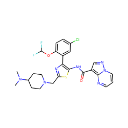 CN(C)C1CCN(Cc2nc(-c3cc(Cl)ccc3OC(F)F)c(NC(=O)c3cnn4cccnc34)s2)CC1 ZINC001772603005