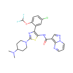 CN(C)C1CCN(c2nc(-c3cc(Cl)ccc3OC(F)F)c(NC(=O)c3cnn4cccnc34)s2)CC1 ZINC001772609765