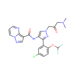 CN(C)CC(=O)Cn1cc(NC(=O)c2cnn3cccnc23)c(-c2cc(Cl)ccc2OC(F)F)n1 ZINC001772605957