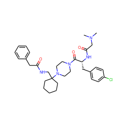 CN(C)CC(=O)N[C@H](Cc1ccc(Cl)cc1)C(=O)N1CCN(C2(CNC(=O)Cc3ccccc3)CCCCC2)CC1 ZINC000028529635