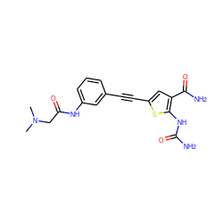 CN(C)CC(=O)Nc1cccc(C#Cc2cc(C(N)=O)c(NC(N)=O)s2)c1 ZINC000028525292