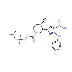 CN(C)CC(C)(C)COC(=O)N1CC[C@@H](C#N)[C@H](n2cc(C(N)=O)c(Nc3ccc(F)cc3)n2)C1 ZINC000220668541