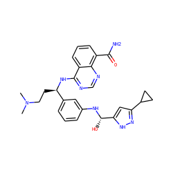 CN(C)CC[C@@H](Nc1ncnc2c(C(N)=O)cccc12)c1cccc(N[C@@H](O)c2cc(C3CC3)n[nH]2)c1 ZINC000166973797