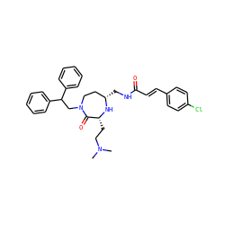 CN(C)CC[C@H]1N[C@@H](CNC(=O)/C=C/c2ccc(Cl)cc2)CCN(CC(c2ccccc2)c2ccccc2)C1=O ZINC001772621008