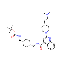 CN(C)CCC1CCN(c2cc(C(=O)NC[C@H]3CC[C@H](CNC(=O)OC(C)(C)C)CC3)c3ccccc3n2)CC1 ZINC000261133403