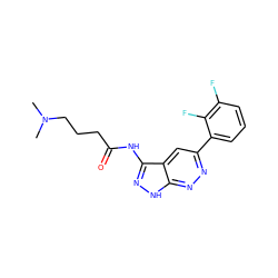 CN(C)CCCC(=O)Nc1n[nH]c2nnc(-c3cccc(F)c3F)cc12 ZINC000013489662