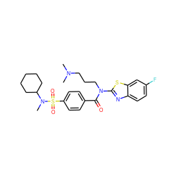 CN(C)CCCN(C(=O)c1ccc(S(=O)(=O)N(C)C2CCCCC2)cc1)c1nc2ccc(F)cc2s1 ZINC000016913538