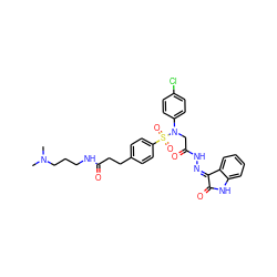 CN(C)CCCNC(=O)CCc1ccc(S(=O)(=O)N(CC(=O)N/N=C2/C(=O)Nc3ccccc32)c2ccc(Cl)cc2)cc1 ZINC000003961890